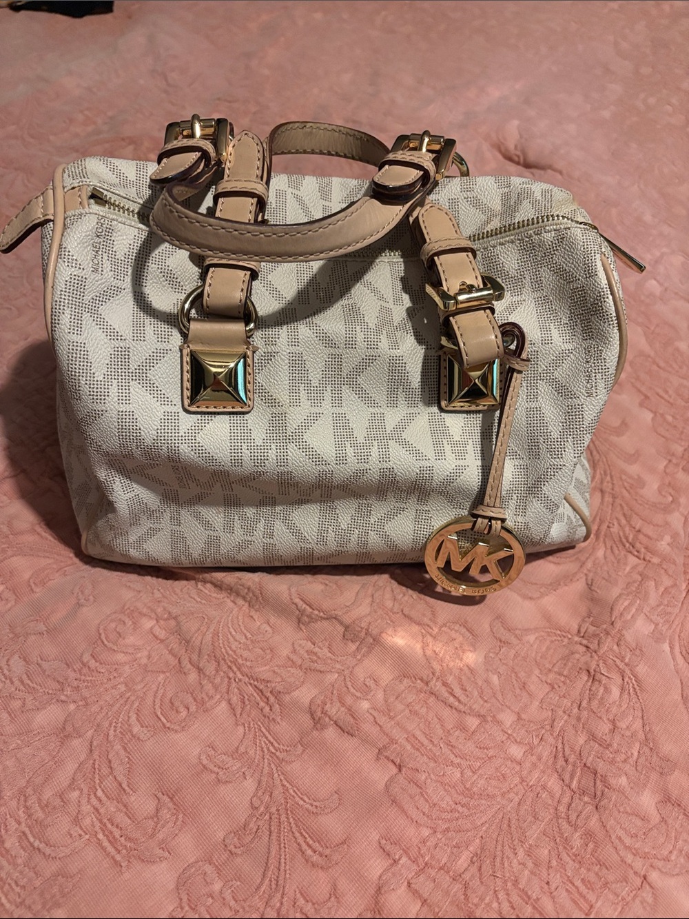 Michael Kors Cream Logo Satchel with Tan Trim